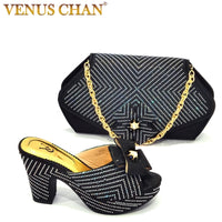 Original Latest African Matching Shoes and Bag in Black Color High Quality Italian with Shinning Crystal African Lady Shoes and Bag