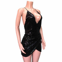 Original Sexy Women Sequins Glitter Sparkle Deep V Neck Halter Backless Bodycon Short Mini Dress Evening Party Wrap Hip Package Dress