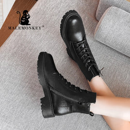 Original Winter Women Ankle Boots Black Platform 2021 Fashion Autumn Warm Fur Motorcycle Non-slip Waterproof Female Shoes Chunky Boots