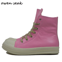 Original Owen Seak Women Motorcycle Leather Men High-TOP Luxury Mid-Calf Winter Riding Boots Lace Up Casual Sneakers Zip Flats Pink Shoes