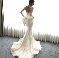 WUDANGSHAN - Original 2021 Luxury Mermaid Wedding Dresses Sheer Neck Long Sleeves Illusion Full Lace Applique Bow Overskirts Button Back Chapel Train DIGITAL OFFICE ELECTRONIC