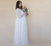 BLUSHFASHION - Original Curvy  Ivory Lace Bohemian , Long Sleeves Wedding Dress #1324