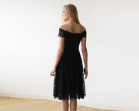 BLUSHFASHION - Original Off-The-Shoulder Short Sleeves Black Lace Midi Dress 1158