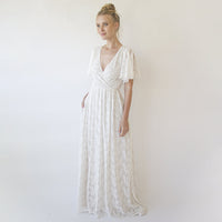 BLUSHFASHION - Original Ivory Pearl Lace Bohemian Wedding Dress With Pockets #1345