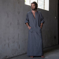 Mens Natural Linen Cotton Ultra Long Floor Length Robes Bathrobes Lounge Wear Casual Kaftan Thobe v Neck Long Gown Caftan Tunic