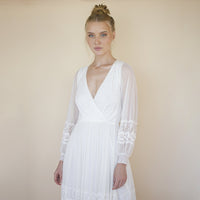 BLUSHFASHION - Original Bestseller Ivory Wrap Lace Wedding Dress With Chiffon Mesh Sleeves #1352