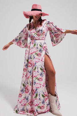 Q2 - Original Flutter Sleeve Maxi Dress in Pink Floral Print