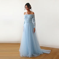 BLUSHFASHION - Original Light Blue  Off-The-Shoulder Dress  Train   #1162