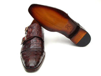 Paul Parkman Men's Double Monkstraps Brown & Bordeaux Crocodile Embossed Calfskin (ID#045FG12)