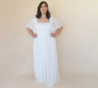 BLUSHFASHION - Original Curvy Ivory Square Neckline, Bohemian Butterfly Sleeves Dress #1322