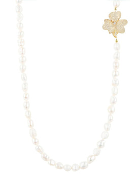 Original Flower Pearl Gemstone Long Necklace White CZ Gold