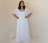 BLUSHFASHION - Original Curvy Ivory Square Neckline, Bohemian Butterfly Sleeves Dress #1322