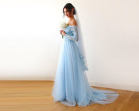 BLUSHFASHION - Original Light Blue  Off-The-Shoulder Dress  Train   #1162