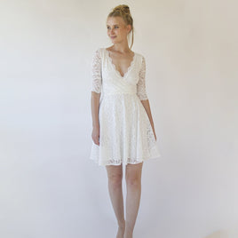 BLUSHFASHION - Original Ivory Wrap Lace Mini Wedding Dress Bracelet Sleeves #1373