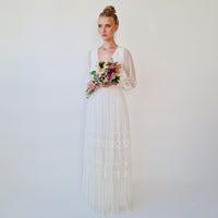 BLUSHFASHION - Original Bestseller Ivory Wrap Lace Wedding Dress With Chiffon Mesh Sleeves #1352