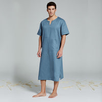 Mens Natural Linen Cotton Ultra Long Floor Length Robes Bathrobes Lounge Wear Casual Kaftan Thobe v Neck Long Gown Caftan Tunic