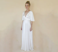 BLUSHFASHION - Original Bestseller Deep v Neckline Bat Sleeves Minimalist Wedding Dress #1350