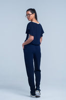 Q2 - Original Navy Blue Jumpsuit With Short Sleeve and Ruffle Detail