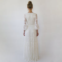 BLUSHFASHION - Original Bestseller Gipsy Layered Boho Lace Wedding Dress, Puffy Bracelet Sleeves #1365