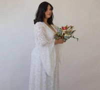 BLUSHFASHION - Original Curvy  Lace Ivory Bridal Kaftan With Fringe ,Bat Sleeves Lace Wedding Dress #1328