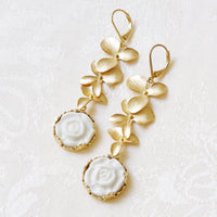 POPORCELAIN - Original Porcelain Moonlight Rose and Triple Leaves Drop Earrings