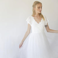 BLUSHFASHION - Original Fairy Ivory Wrap Wedding Dress, Butterfly Sleeves and Puffy Tulle #1293