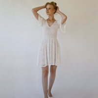 BLUSHFASHION - Original Butterfly Sleeves Bohemian Pearly Color Wedding Dress ,Short Mini Wedding Dress  #1374