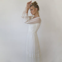 BLUSHFASHION - Original Bestseller Ivory Wrap Lace Wedding Dress With Chiffon Mesh Sleeves #1352