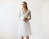 BLUSHFASHION - Original Short Wedding Dress ,Ivory Tulle & Lace Midi  Dress #1144