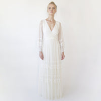 BLUSHFASHION - Original Bestseller Ivory Wrap Lace Wedding Dress With Chiffon Mesh Sleeves #1352