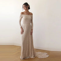 BLUSHFASHION - Original Champagne Off-The-Shoulder  Dress Train  #1148