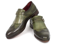 Paul Parkman Men's Wingtip Monkstrap Brogues Green Hand-Painted Leather Upper With Double Leather Sole (ID#060-GREEN)