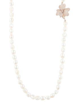 Original Flower Pearl Gemstone Long Necklace White CZ Rosegold