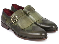 Paul Parkman Men's Wingtip Monkstrap Brogues Green Hand-Painted Leather Upper With Double Leather Sole (ID#060-GREEN)