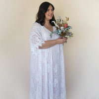 BLUSHFASHION - Original Curvy  Lace Blushed Ivory Bridal Kaftan ,Bat Sleeves Lace Wedding Dress #1312