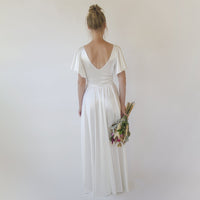 BLUSHFASHION - Original Minimalist, Elegant Satin Butterfly Sleeves Ivory Wedding Dress #1349