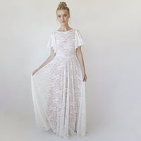 BLUSHFASHION - Original Lace Ivory Flutter Sleeve Dress , With a Separate Blush Underlining Dress  #1368