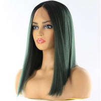 Yaki Straight Lace Front Synthetic Hair Wigs High Temperature Fiber X-Tress Ombre Green Color Short Blunt Lace Wig Middle Part