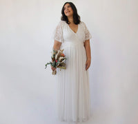 BLUSHFASHION - Original Curvy  Ivory Butterfly Sleeves, Lace Bohemian Wedding Dress With Mesh Chiffon #1321