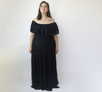 BLUSHFASHION - Original Black Ruffled Crinkle Off-Shoulder Maxi Dress #1338