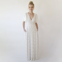 BLUSHFASHION - Original Ivory Pearl Lace Bohemian Wedding Dress With Pockets #1345