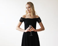 BLUSHFASHION - Original Off-The-Shoulder Short Sleeves Black Lace Midi Dress 1158