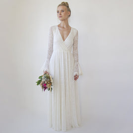 BLUSHFASHION - Original Ivory Wrap Lace Wedding Dress With Long Poet Sleeves #1364