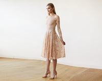 BLUSHFASHION - Original Short Wedding Dress ,Pink Off-The-Shoulder Floral Lace Long Sleeve Midi Dress #1149
