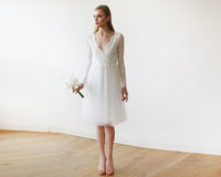 BLUSHFASHION - Original Short Wedding Dress ,Ivory Tulle & Lace Midi  Dress #1144