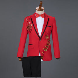 Red Diamond Floral Men Suits for Wedding Mens Suits 3 Piece Blazer+Pant+Bow Tie Fashion Tuxedo Men Suit Set Stage Costume Homme