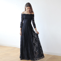 Original Off-The-Shoulder Black Floral Lace Long Sleeve Maxi Dress 1119