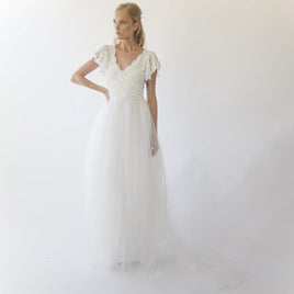 BLUSHFASHION - Original Fairy Ivory Wrap Wedding Dress, Butterfly Sleeves and Puffy Tulle #1293