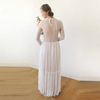 BLUSHFASHION - Original Modest Lace Wedding Dress, Gentle Stripes Pattern Maxi Dress 1209