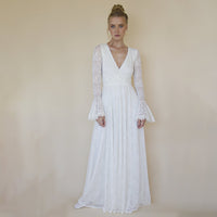 BLUSHFASHION - Original Ivory Wrap Lace Wedding Dress With Long Poet Sleeves #1364